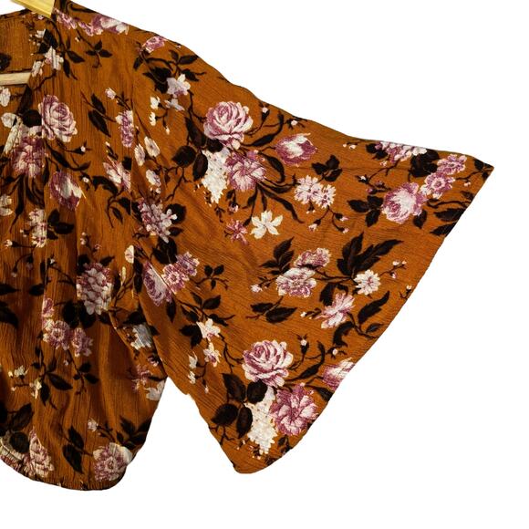 American Eagle Tie Front Crop Top Womens M Brown Floral Bell Sleeve Cottagecore - Picture 2 of 6